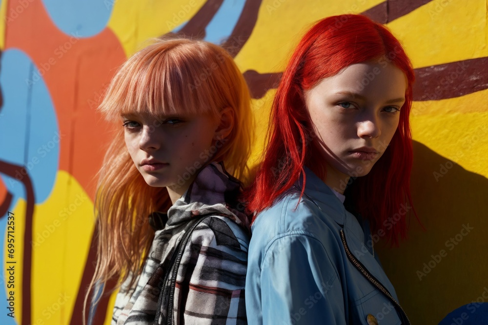 Two teenagers with striking colored hair stand confidently before a graffiti backdrop, exuding individuality and youth culture Two teenagers with striking colored hair stand confidently before a graffiti backdrop, exuding individuality and youth culture