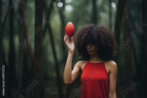 A mysterious ambiance as a woman in red holds a large red egg in a lush forest, blending with nature in a captivating scene