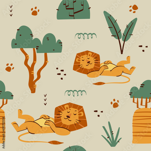 childish lion seamless pattern for fashion clothes, fabric, t shirts. hand drawn vector