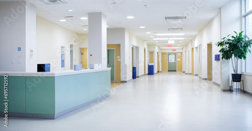 Hospital hallway, reception clinic background. luxury hospital corridor. Blur clinic interior background with defocused effect. Healthcare and medical concept photo
