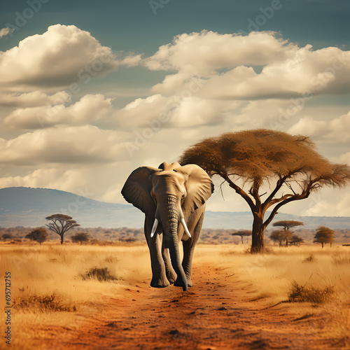 Lone elephant walking across the vast African savannah © Cao