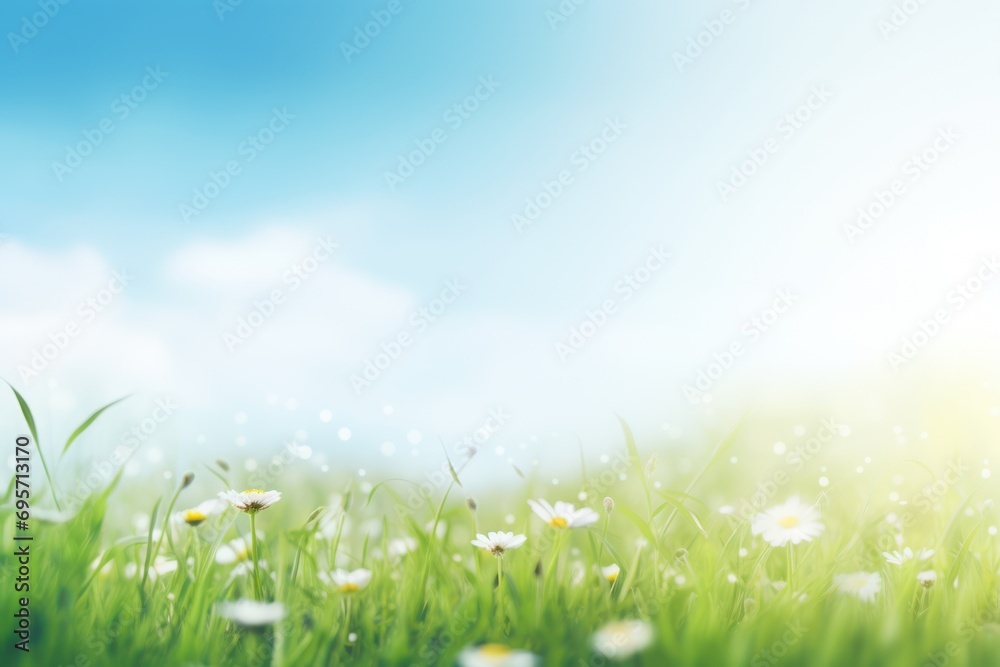 Spring or summer abstract nature background with grass in the meadow and blue sky in the back