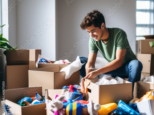 Teenager sorting and collect kid toys, clothes into boxes at home. Donations for charity, help low income families, declutter home, sell online, moving into new home, recycling, sustainable 