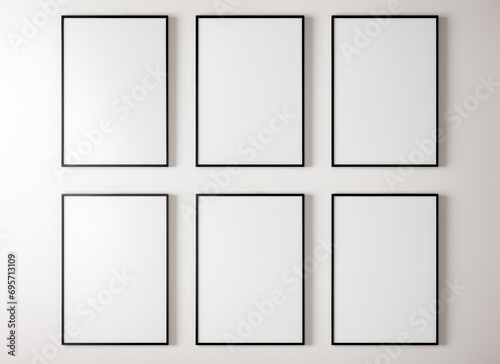 Set of 6 Blank white photo mockup frame template. Set of six Blank white photo frame on white wall. Poster mockup. Clean, modern, minimal frame. Empty frame photo