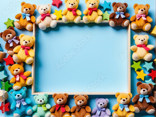 Baby kids toy frame background. Teddy bears  colorful wooden educational  sensory  sorting and stacking toys for children on light blue background. 