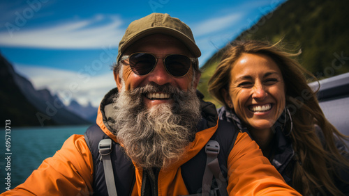 Senior couple kayaking on a lake in the autumn. They are smiling and looking at camera,Generative AI