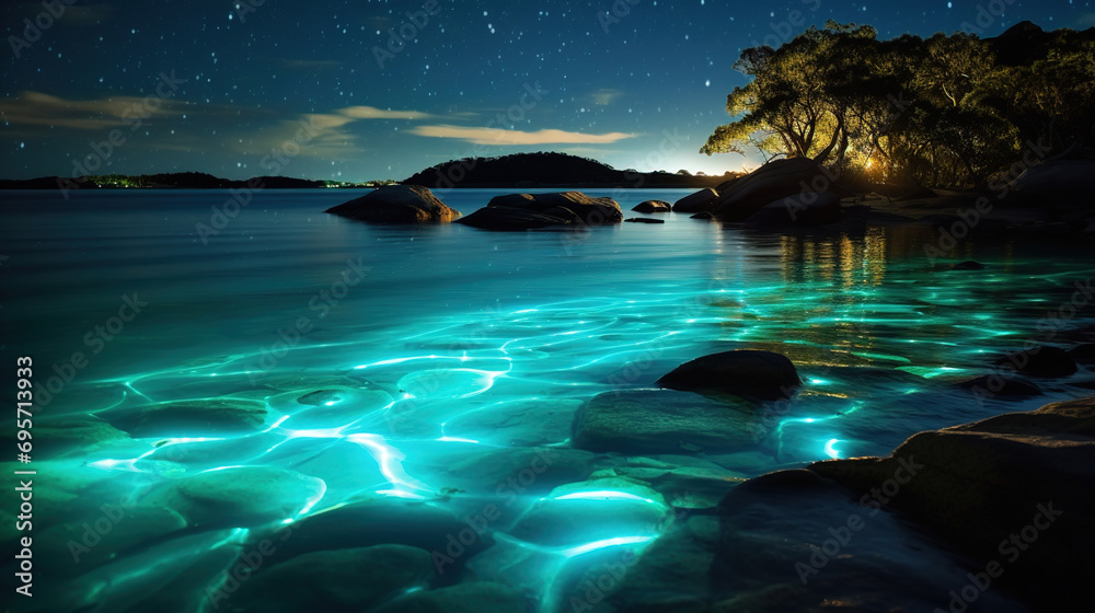 bioluminescent lake. Generative Ai bioluminescent lake. Generative Ai