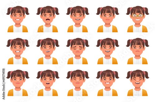 Collection of different emotions of a pretty girl with the genetic disease Down Syndrome. Expression on the face of a sunny child.