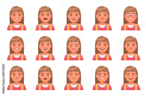 Set of different emotions of a beautiful girl with the genetic disease Down Syndrome. Expression on the face of a sunny child.