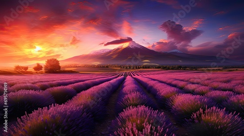 Stunning Landscape With Lavender Field at sunset © paisorn