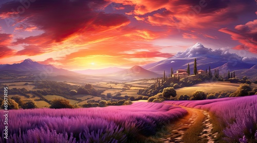 Stunning Landscape With Lavender Field at sunset