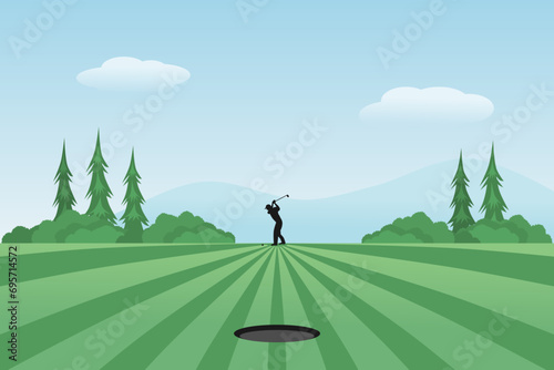 Golf course vector illustration with golf player or golfer. Outdoor Sport.