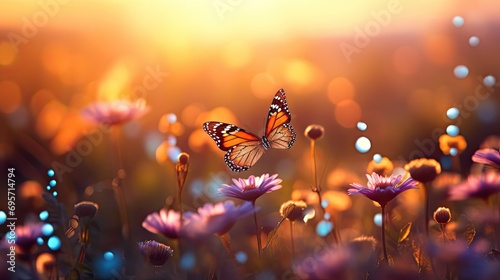 Summer Wildflowers and Fly Butterfly in a meadow at sunset