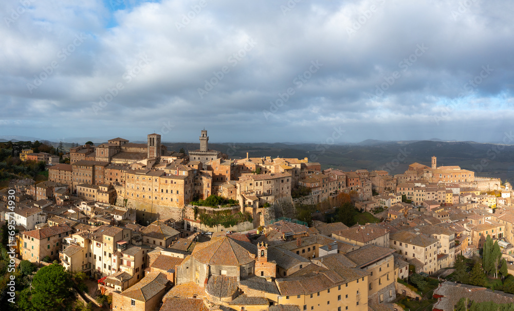 drone view of the Tuscan hilltop village and wine capital of Montepulciano