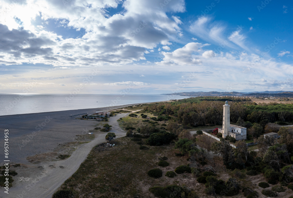 drone landscape view of Punta Alice beach and lighthouse in Calabria