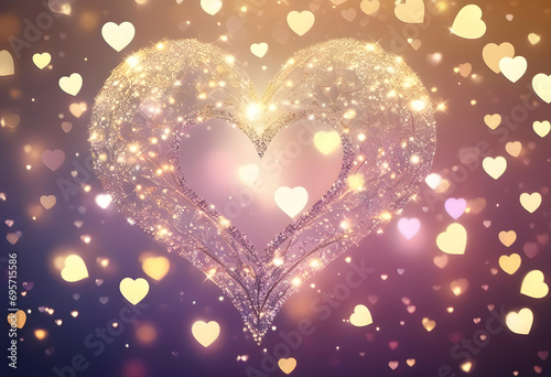  heart shaped sparkling bokeh background. Greeting card for celebration, birthday, women, mother, Valentine's Day