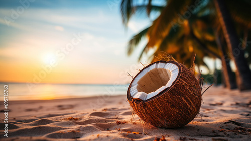 Sunset on a Tropical Beach with a Coconut and Space for Text