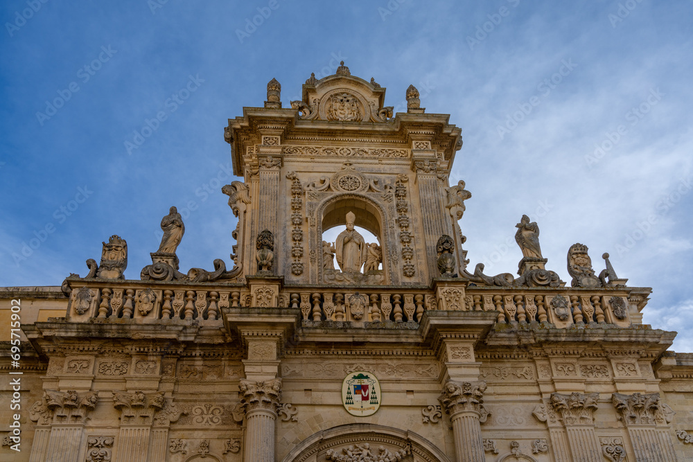 detail of the exterior facade of the Lecce Cathedral in the historic Old Town