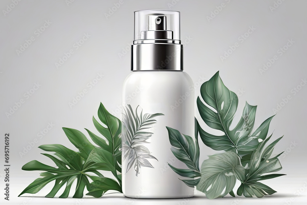 spray, fresh lotion, tropical leaves, silver design, packaging mockup, skin care cosmetics .Generative AI technology spray, fresh lotion, tropical leaves, silver design, packaging mockup, skin care cosmetics .Generative AI technology
