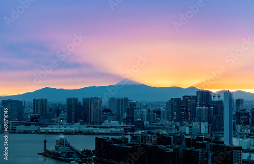 Photography View of Mount Fuji from Tokyo, Japan at sunset with rare Mountain Shadow