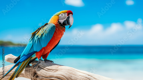 A Macaw Resting on Driftwood Against a Tranquil Beach Backdrop with Space for Text