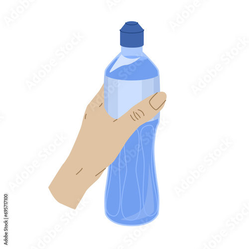 A hand holds a bottle of water. Container for drinks and other liquids. Recyclable packaging. Daily water requirement. Vector illustration isolated on transparent background.