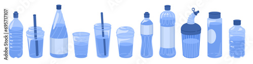 Set of filled plastic bottles and cups. Container for drinks and other liquids. Recyclable packaging. Daily water requirement. Vector illustration isolated on transparent background.