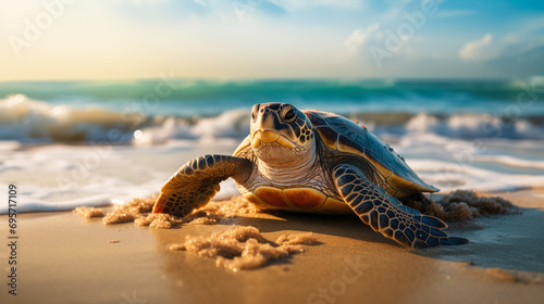 A Basking Sea Turtle on a Sunny Beach with Ocean Waves in the Background and Copy Space