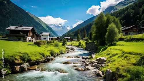 Swiss Landscape With River Stream And Houses