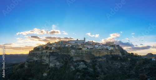 drone view of the hilltop village of Santa Severina in Calabria at sunrise photo