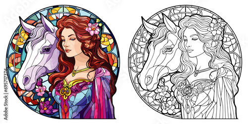 Enchanting Woman and Unicorn Coloring Page with 1980s Stained Glass Style – Flat Color Vector on White Background