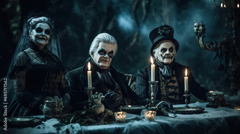 Costumed guests at a Halloween event.