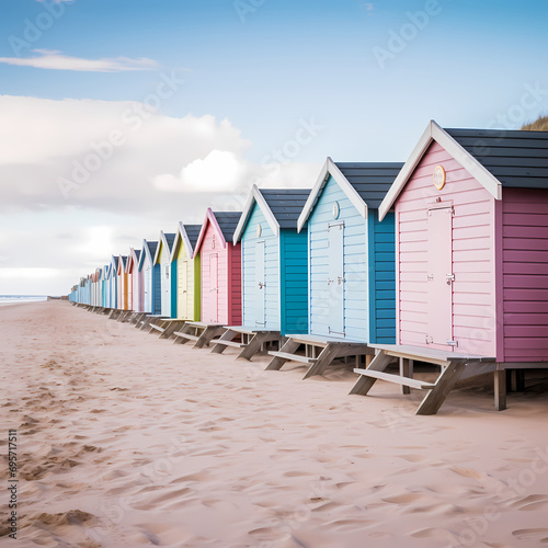Row of beach huts in pastel colors along a sandy shore.