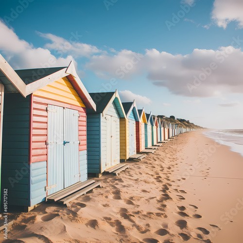 Row of beach huts in pastel colors along a sandy shore.