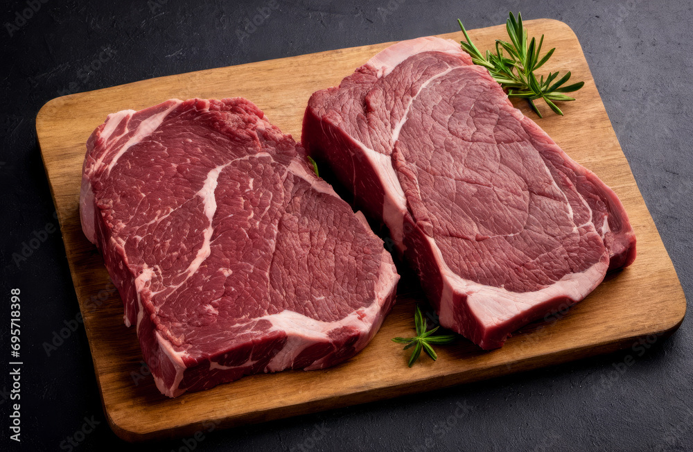 Raw fresh meat Ribeye Steak, seasoning and meat fork on dark background. Fresh raw Prime Black Angus beef steaks on wooden board