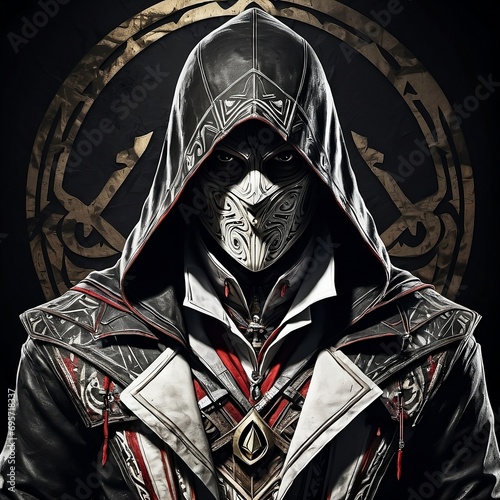 Assassin creed cover metal abstract black background retro tribal costume. Generative AI photo
