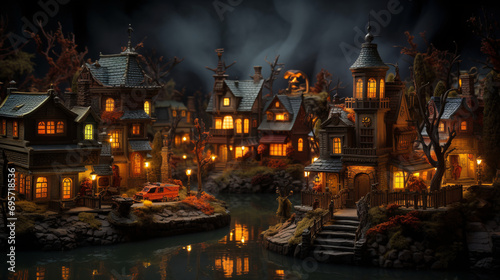 Miniature village on Halloween night.