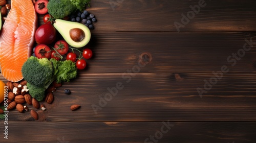 nutrient-rich delight: fresh salmon, avocado, broccoli, vibrant vegetables, nuts, and fruits on wooden background. top view with copy space