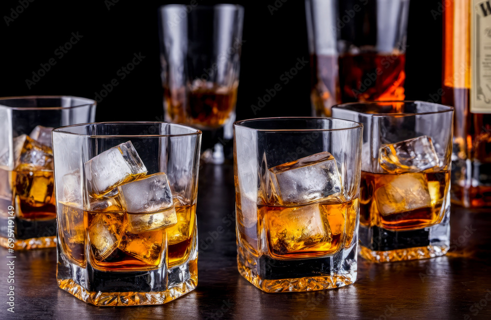 Glass of whisky with ice on dark wooden table and black background. glass of sophisticated whiskey, ice cubes