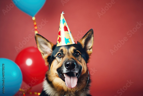Cute German shepherd dog with festive hat and party decoration. Animal Birthday celebration photo