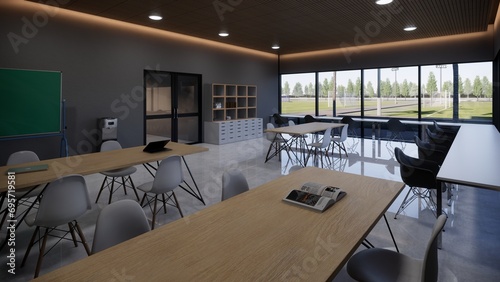 minimalist coworking office interior design with windows  lamps chairs  bookshelves and light wooden floor. 3D Render