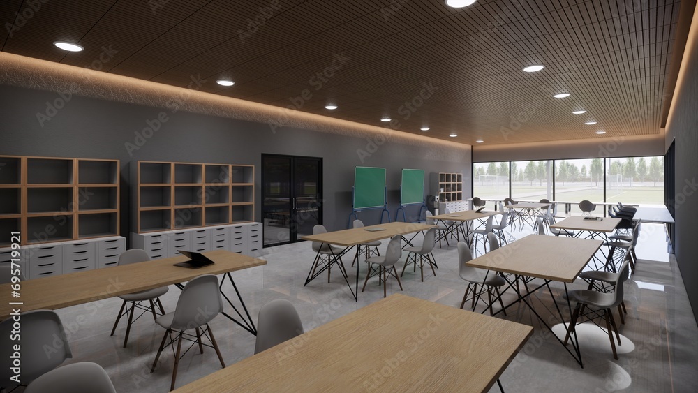 minimalist coworking office interior design with windows, lamps,chairs, bookshelves and light wooden floor. 3D Render