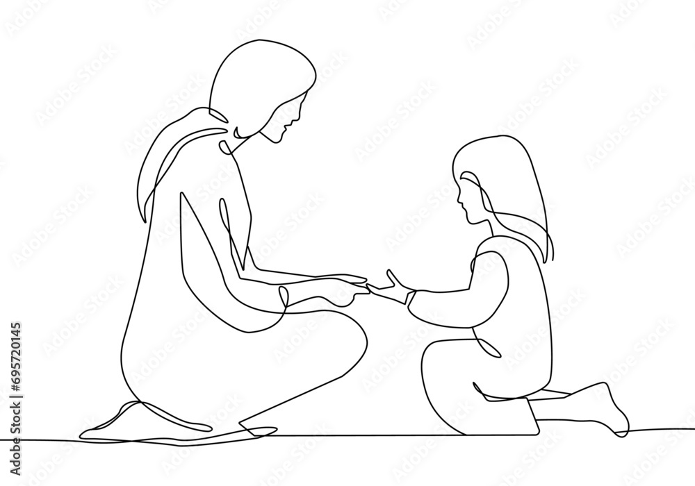 Mother and Child Continuous Line Drawing. Single Line Drawing of Woman with Baby. Happy Mother Day Minimalist Contour Illustration. Vector EPS 10.