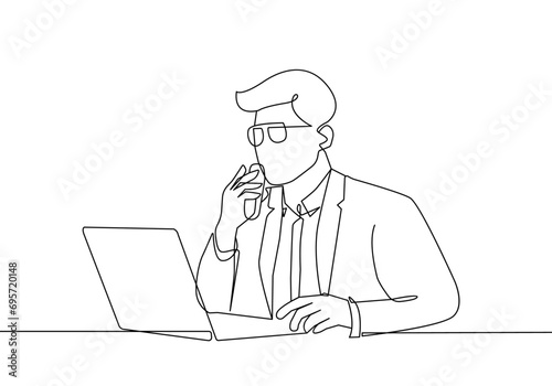 Continuous One Line Drawing of Businessman with Laptop. Man Professional Working One Line Illustration. Business Line Abstract Minimalist Contour Drawing. Vector EPS 10