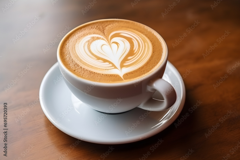 Coffee with latte art heart shape in white cup on wooden table. Love and Romantic coffee, Aroma, enjoy beverage, Relax on vacation with hot drinks. Coffee with latte art heart shape in white cup on wooden table. Love and Romantic coffee, Aroma, enjoy beverage, Relax on vacation with hot drinks.