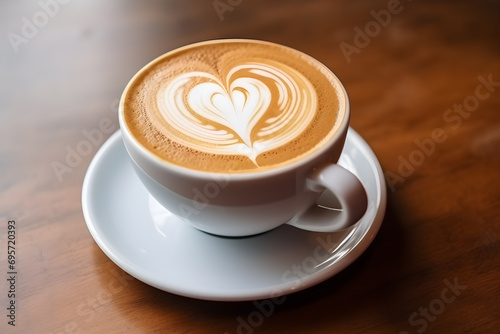 Coffee with latte art heart shape in white cup on wooden table. Love and Romantic coffee, Aroma, enjoy beverage, Relax on vacation with hot drinks.