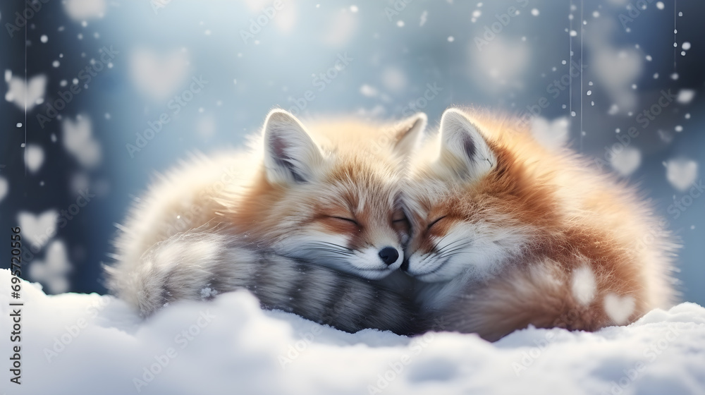 A cute couple of fox sit side by side on the white snow and snowfall like heart shape on background. Winter season and romantic Valentine's day concept.