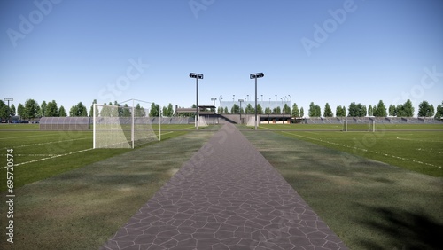3d render soccer practice filed with bleachers and bench