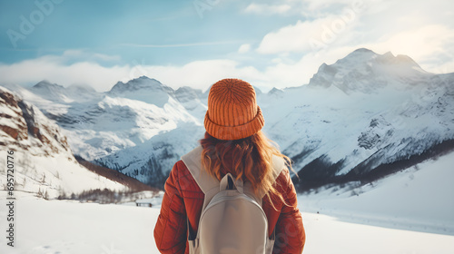 Rear view of a young traveler girl in a orange hat seeing snow over mountain peaks. Winter travel concept.