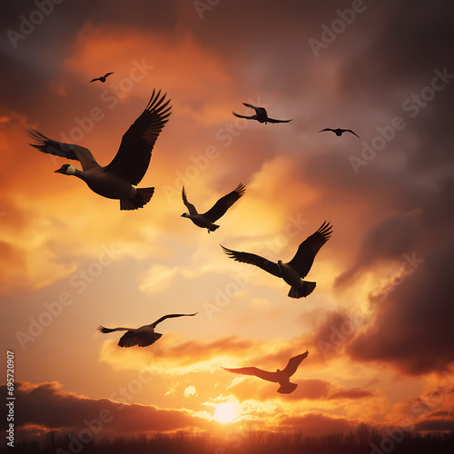 Silhouettes of geese flying in formation against an evening sky. © Cao